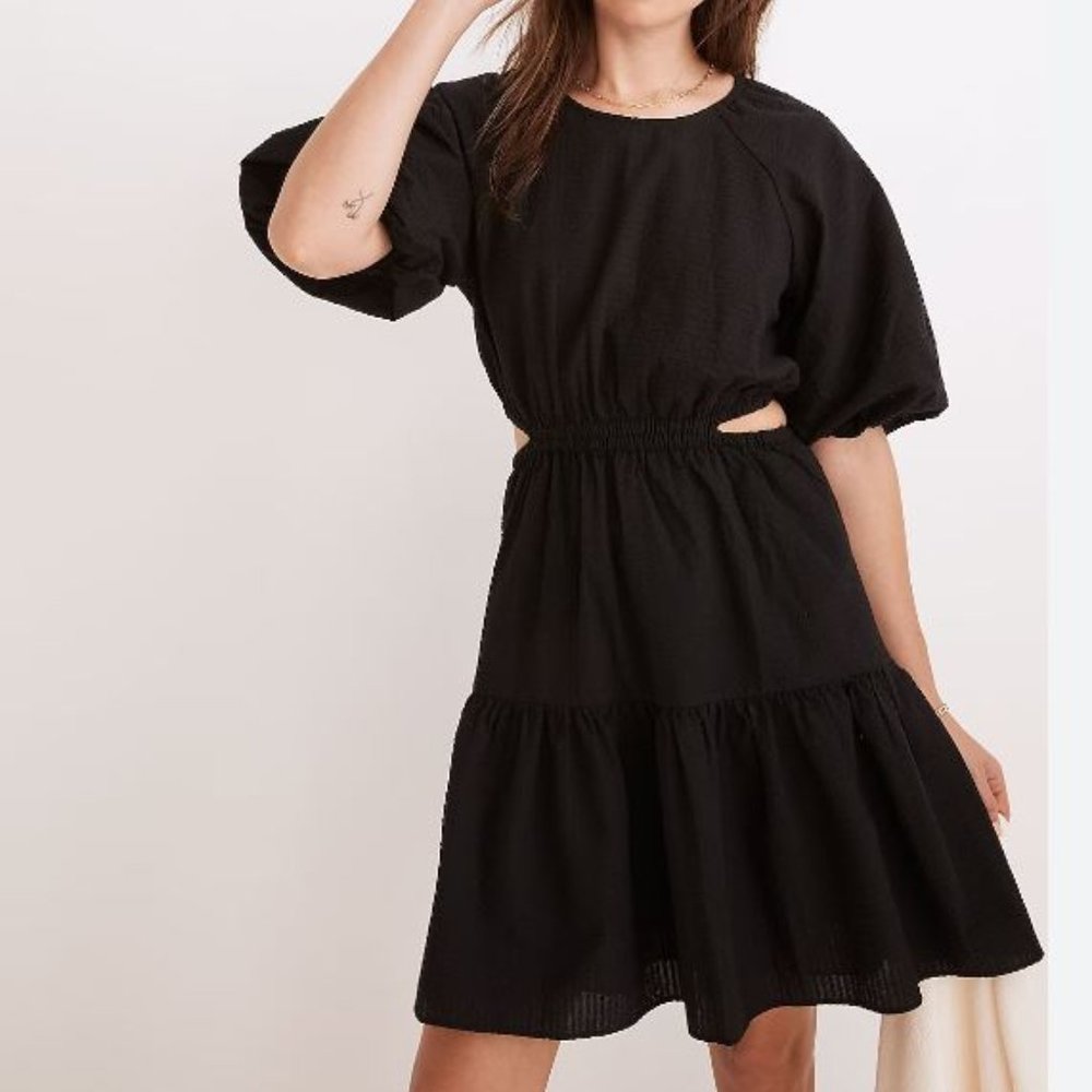 Madewell Seersucker Puff-Sleeve Cutout Mini Dress